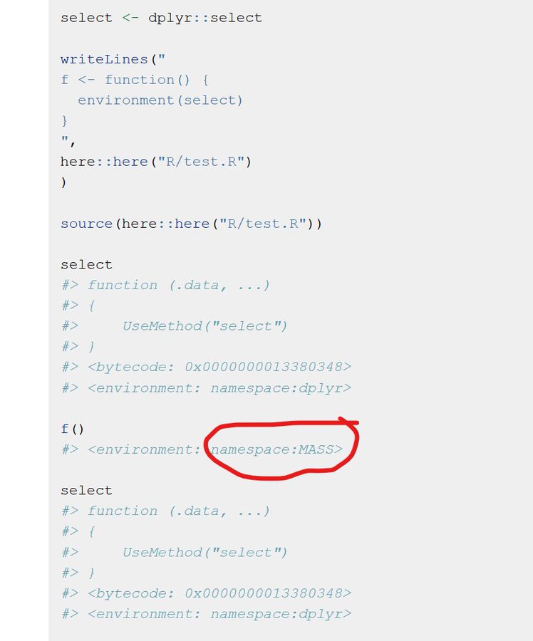 Code/output where I map `select` to `dplyr::select`, create a file with one function that prints the environment of `select`, print `select` (namespace:dplyr), call the function (namespace:MASS), and print `select` (namespace:dplyr)