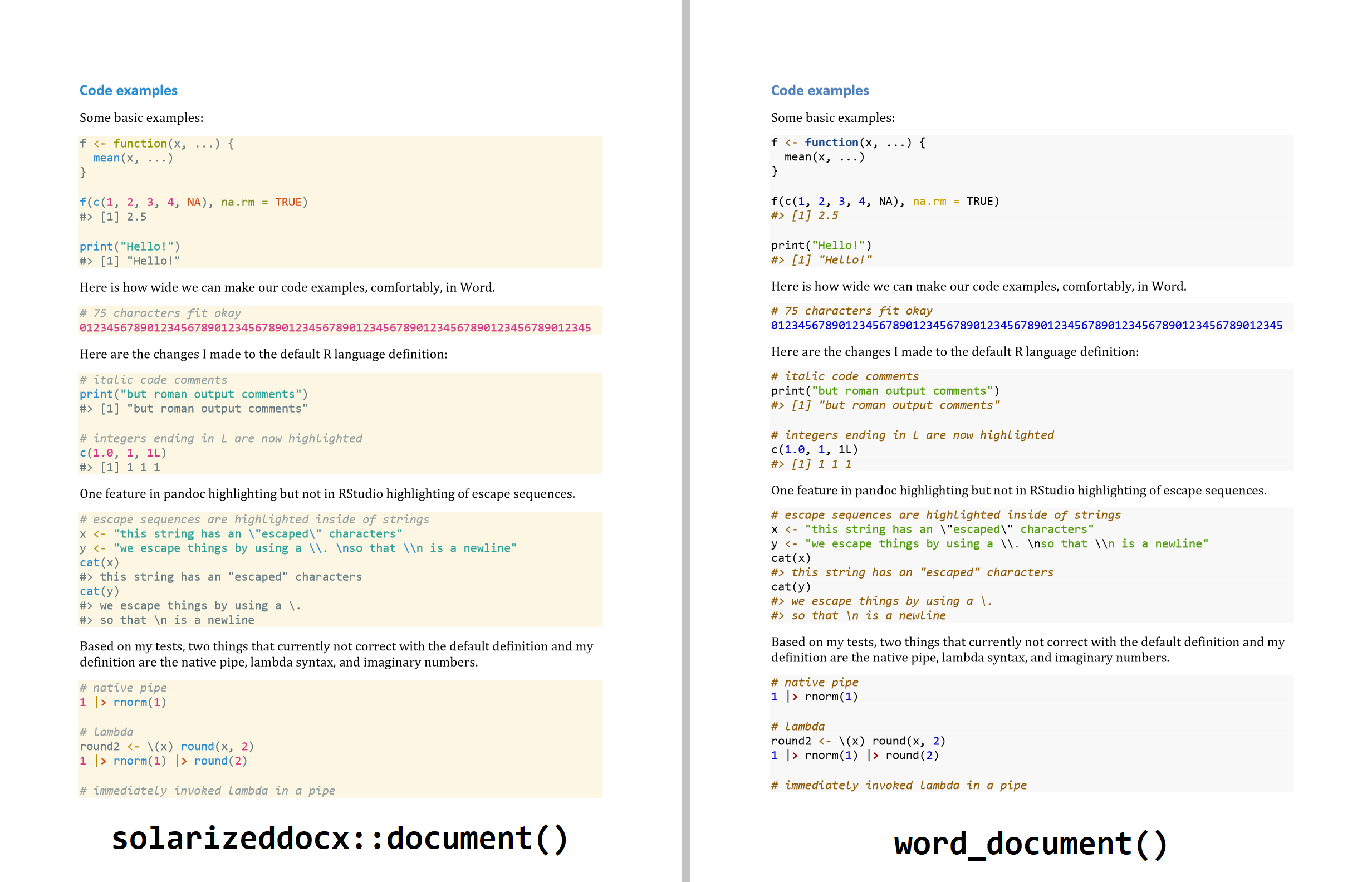 Side-by-side comparison of solarizeddocx::document() and rmarkdown::word_document()