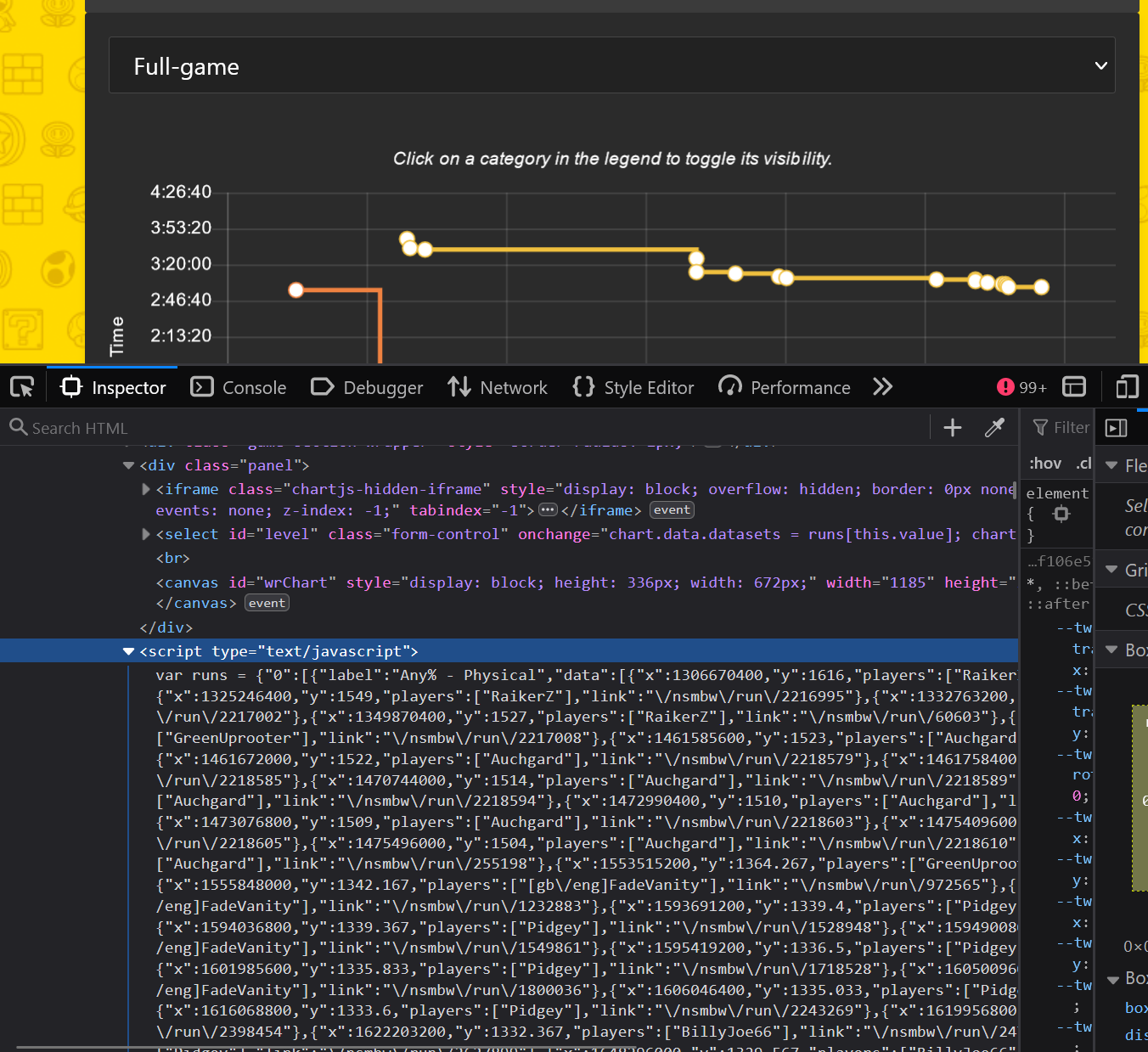 A screenshot of the Firefox inspector showing the speedrun data in a Javascript script tag.