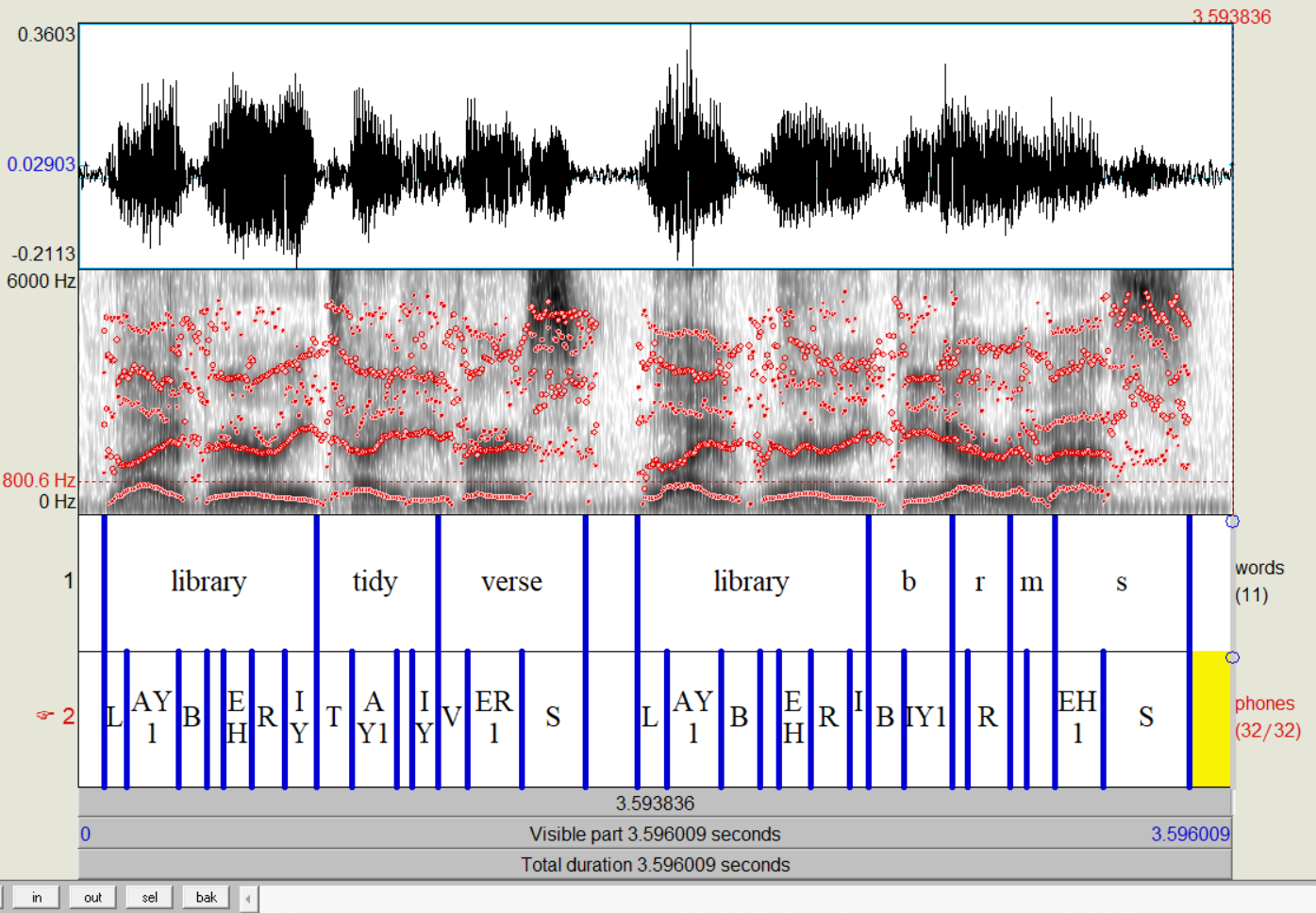 Screenshot of a Praat editor window showing the amplitude wave form, spectrogram, and textgrid annotations. The audio file is of me saying *library tidyverse library brms*.