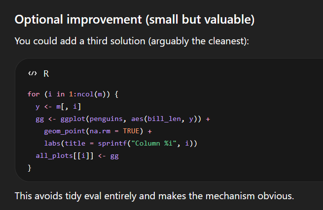 Screenshot of ChatGPT suggesting to use `y <- m[, i]` on each loop iteration.