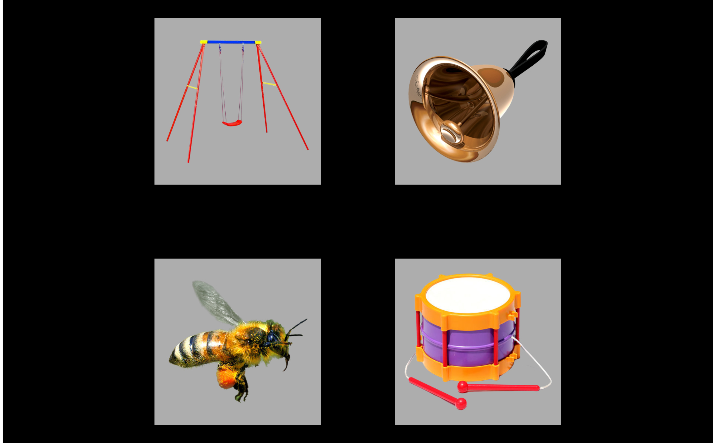 Example display for the target bell with the semantic foil drum, the phonological foil bee, and the unrelated swing.