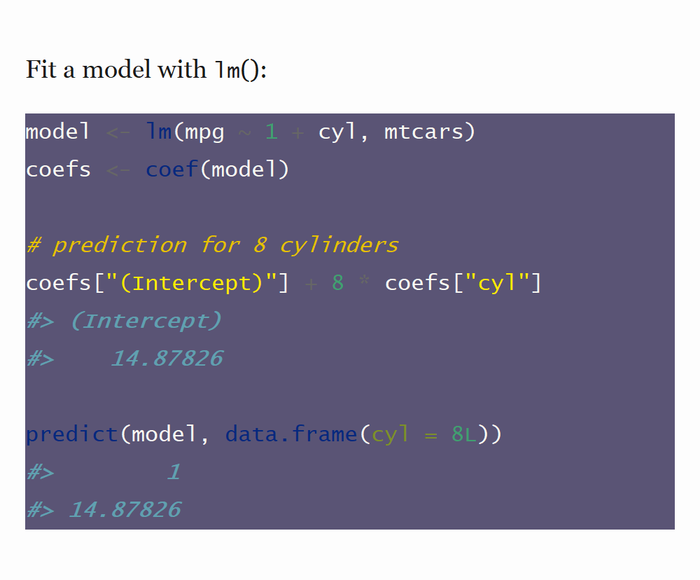 Screenshot of html file created by pandoc. It has a purple background, white text, gold comments and yellow strings, but it still looks bad because not all of the colors are done.